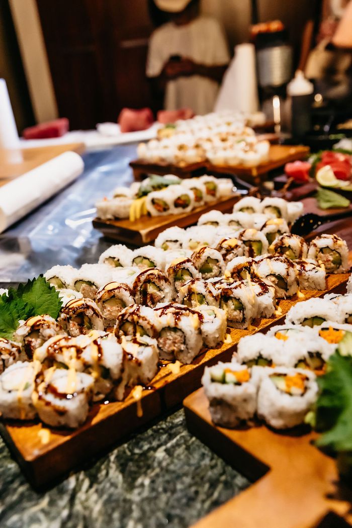 Hand rolls laid along the boards.