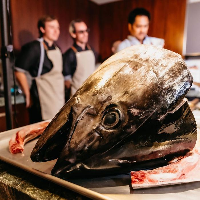 The bluefin head on a tray.